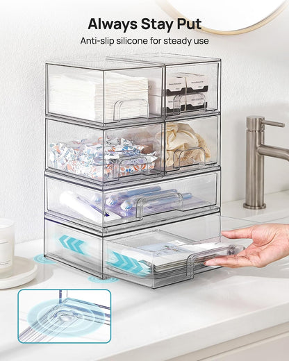 Vtopmart Stackable Storage Drawers Set of 5, Clear Plastic Organizer Bins for Baby Bottle, Beauty Supplies Storage, Ideal for Kichen Countertop, Vanity, Bathroom, Cabinet, Pantry Organization