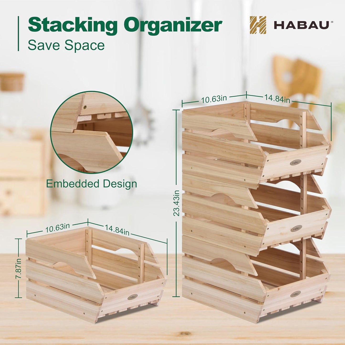 HABAU Wood Potato Onion Storage Bins - Wooden Stackable Produce Basket - Fruit Vegetable Storage for Kitchen Pantry Organization, Set 3 Pieces