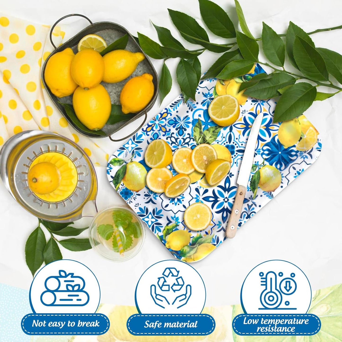 FYSUIMU 3Pcs Lemon Serving Trays Blue Tiles Lemon Print Platter Summer Citrus Fruit Serving Dishes for Spring Birthday Party Sharing Snacks Fruit Desserts