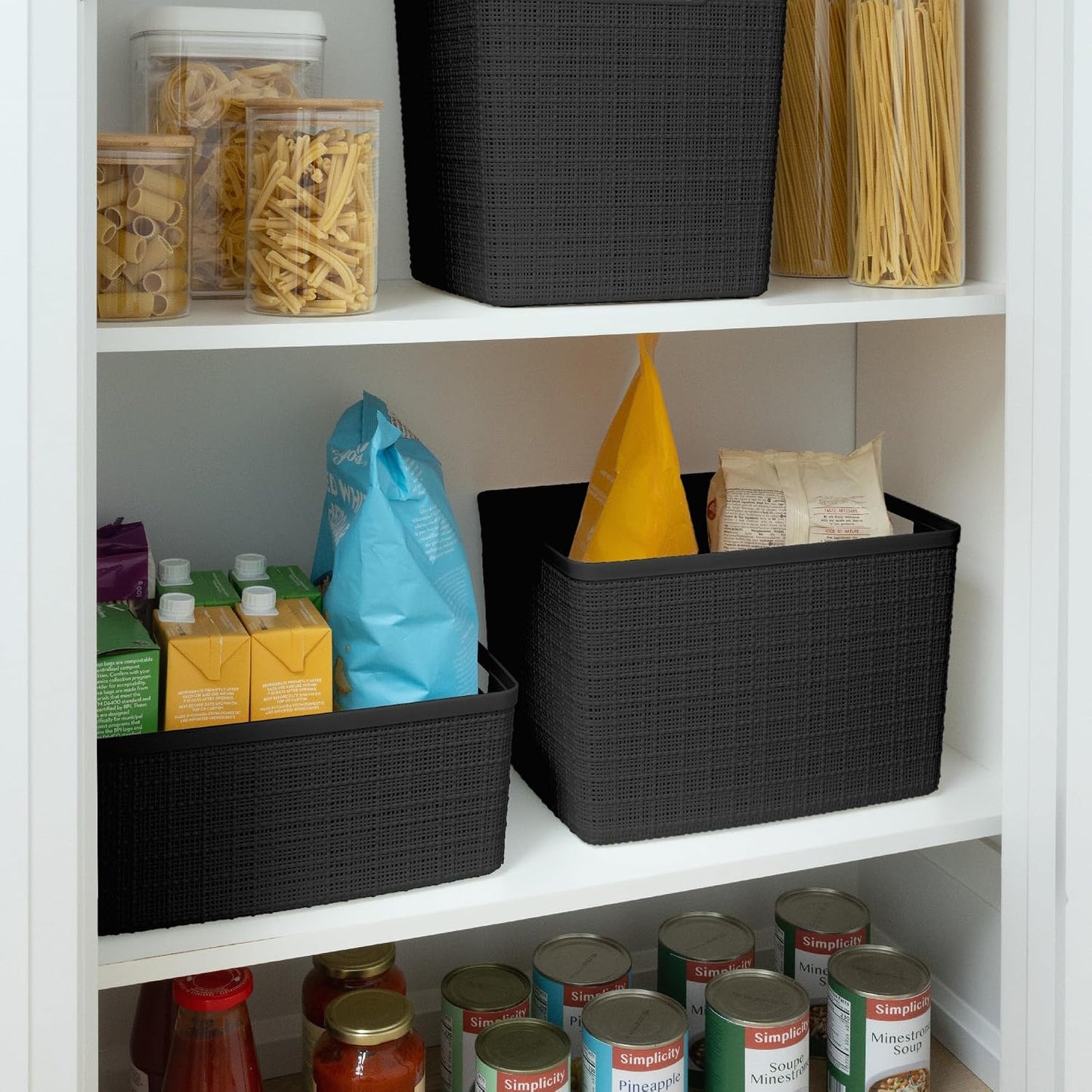 Curver Set of 4 Large 18L Easy Access Jute Decorative Plastic Organization and Storage Baskets - Perfect Bins for Home Office, Closet Shelves, Kitchen Pantry and All Bedroom Essentials, Black