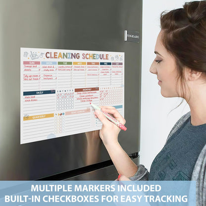 Magnetic Cleaning Schedule and Checklist Dry Erase Board - Reusable Cleaning Schedule for Home, Kitchen & Bathroom | Weekly & Monthly Chore Chart for Adults, Strong Magnet, Easy Erase