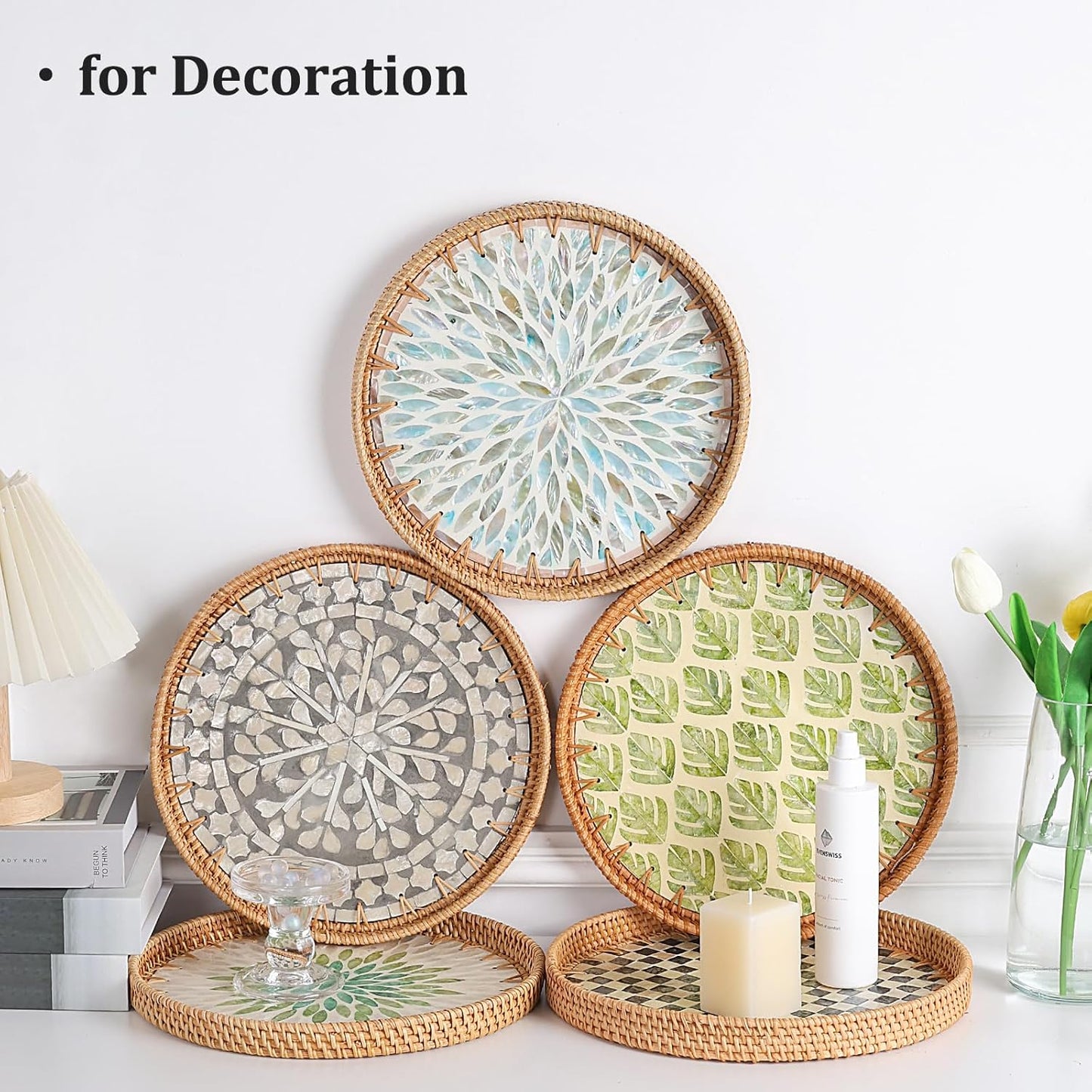 Round Rattan Tray with Mother of Pearl Inlay, Rattan Serving Tray for Coffee, Bread, Fruits, Decorative Wicker Tray for Table Decor, Home Decor, Kitchen Island Decor(Black Checkerboard, 11.8")