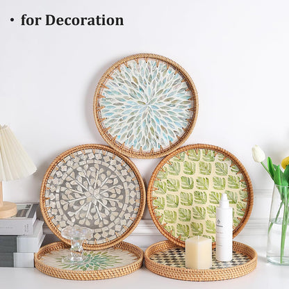 Round Rattan Tray with Mother of Pearl Inlay, Rattan Serving Tray for Coffee, Bread, Fruits, Decorative Wicker Tray for Table Decor, Home Decor, Kitchen Island Decor(Black Checkerboard, 11.8")