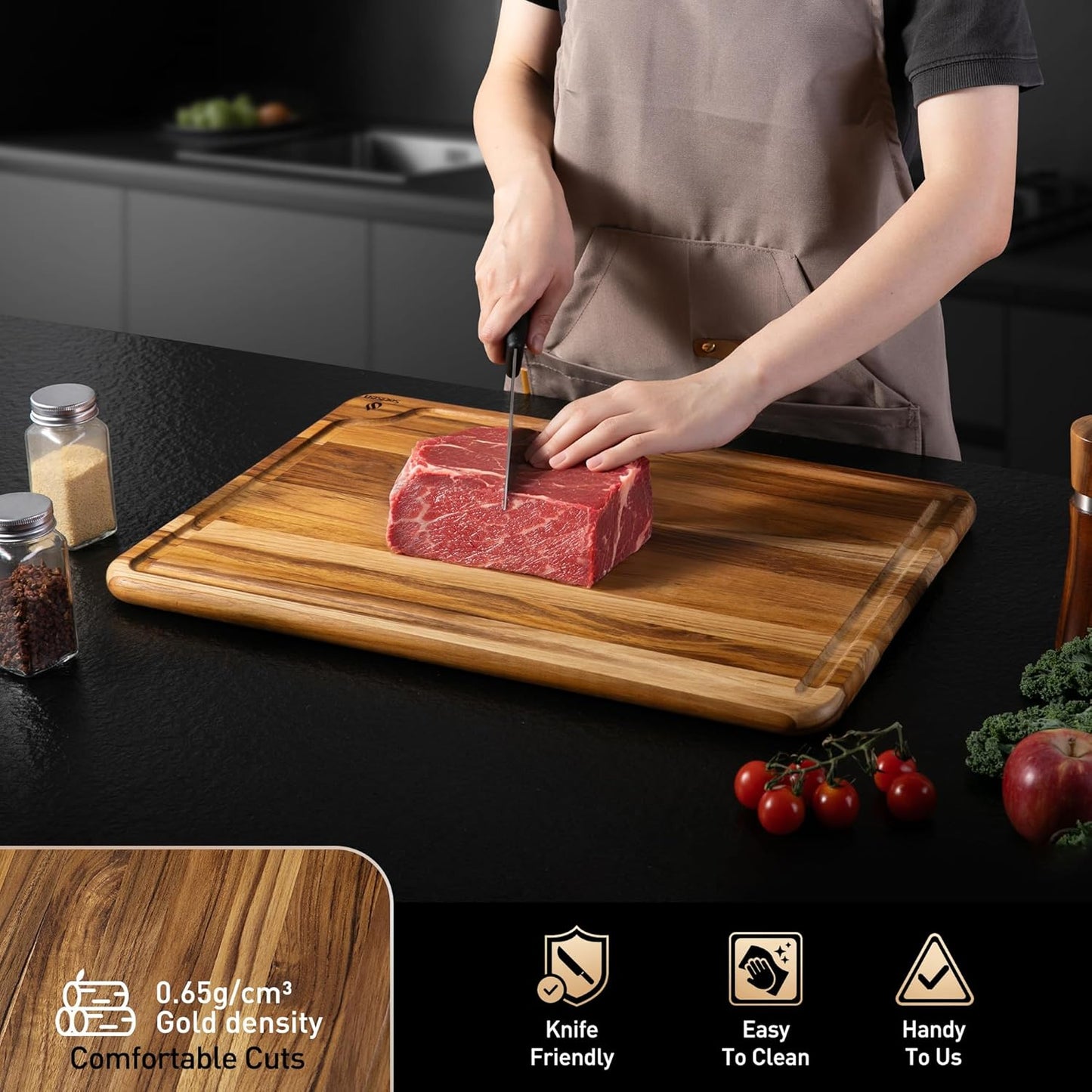 4 Pack Teak Wood Cutting Board Set for Kitchen Heavy Duty Non Toxic Non Slip Solid Thick Wood Haus Chopping Board Extra Large Big Small Meat Best Essential House Warming Hostess Host Gift