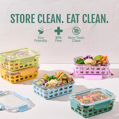 Ello Duraglass 3.4 Cup Meal Prep 10Pc,Set,Glass Food Storage Container with Silicone Sleeve and Airtight BPA-Free Plastic Lids,Dishwasher,Microwave & Freezer Safe,Evening Orchard,5 Count (Pack of 2)