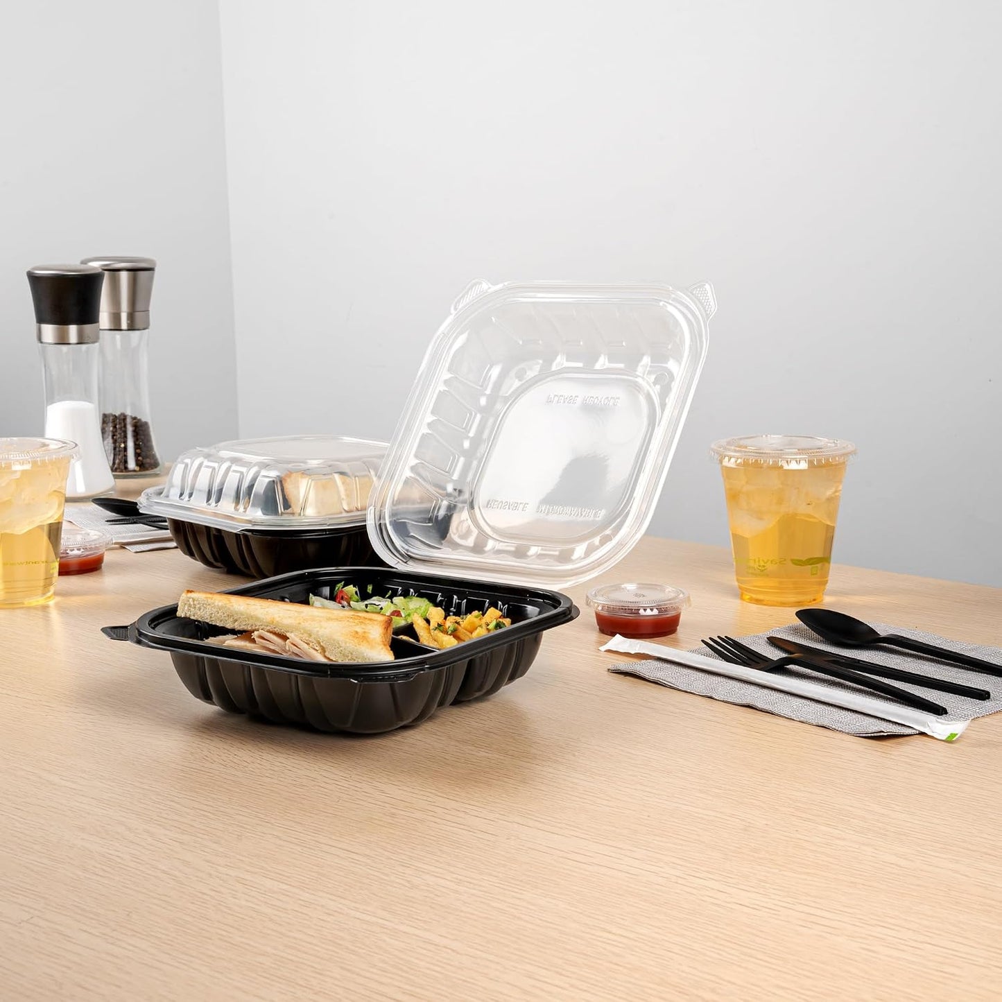 Thermo Tek 40 Ounce Clamshell Containers, 50 Disposable Take Out Boxes - 3 Compartments, Ventilated Lids, Black Plastic Meal Prep Containers, Microwavable, For Pasta Or Salads - Restaurantware