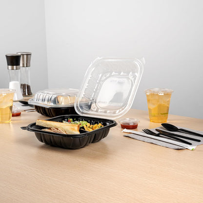 Thermo Tek 40 Ounce Clamshell Containers, 50 Disposable Take Out Boxes - 3 Compartments, Ventilated Lids, Black Plastic Meal Prep Containers, Microwavable, For Pasta Or Salads - Restaurantware