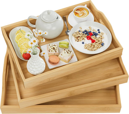 3 Pack Serving Tray with Handles, 3 Sizes Nestable Rectangular Tray Easy Carrying Serving Trays, Durable Bamboo Trays for Serving Food, Party, Kitchen, Organizing, Decorating