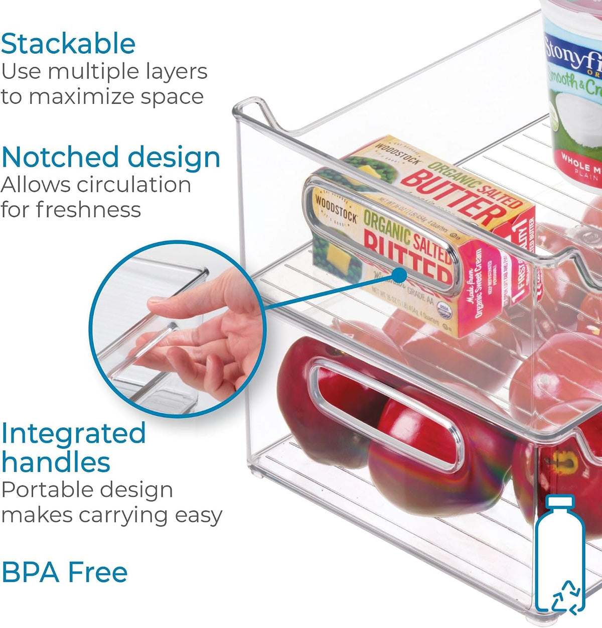 iDesign Stackable Plastic Pantry Bin with Handles, Set of 2, Clear | For Cabinets or Fridge, Made in USA