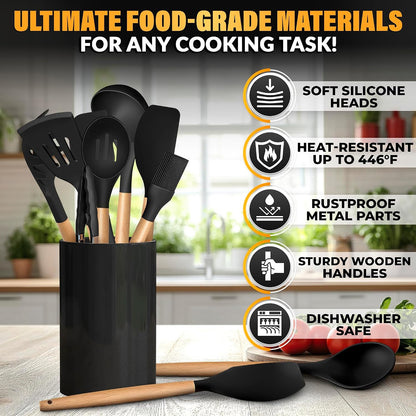 14 PCs Black Silicone Cooking Utensils Set with Holder - Versatile Kitchen Utensils with Sturdy Wooden Handles - Heat Resistance Silicone Kitchen Utensil Set with Holder for All Cooking & Baking Needs