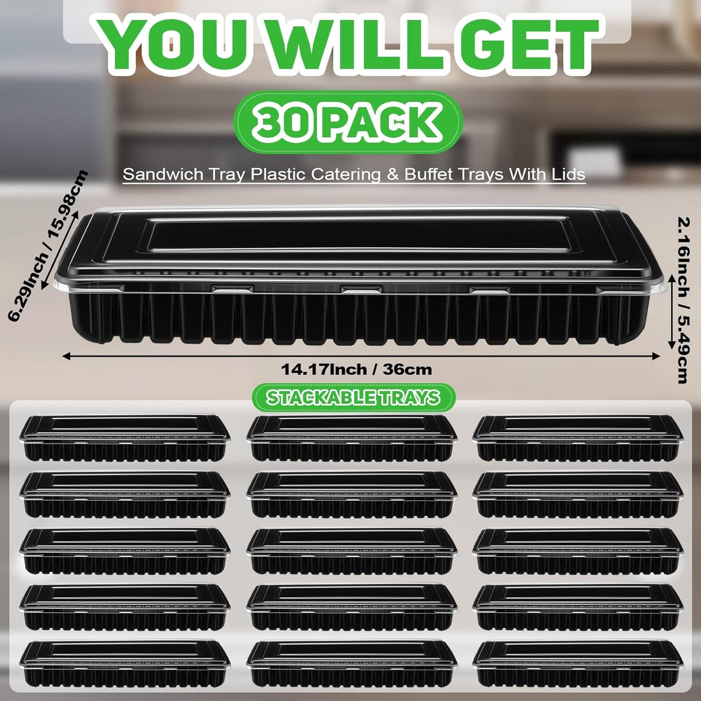 30 Pack Catering Trays with Lids 14 Inch Reusable Serving Tray with Lid Plastic Party Platters for Catering, Buffet, Takeout Food, Picnics & Events(14.17 x 6.29 x 2.16 Inch)