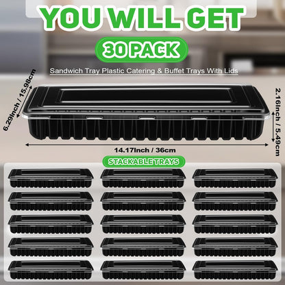 30 Pack Catering Trays with Lids 14 Inch Reusable Serving Tray with Lid Plastic Party Platters for Catering, Buffet, Takeout Food, Picnics & Events(14.17 x 6.29 x 2.16 Inch)