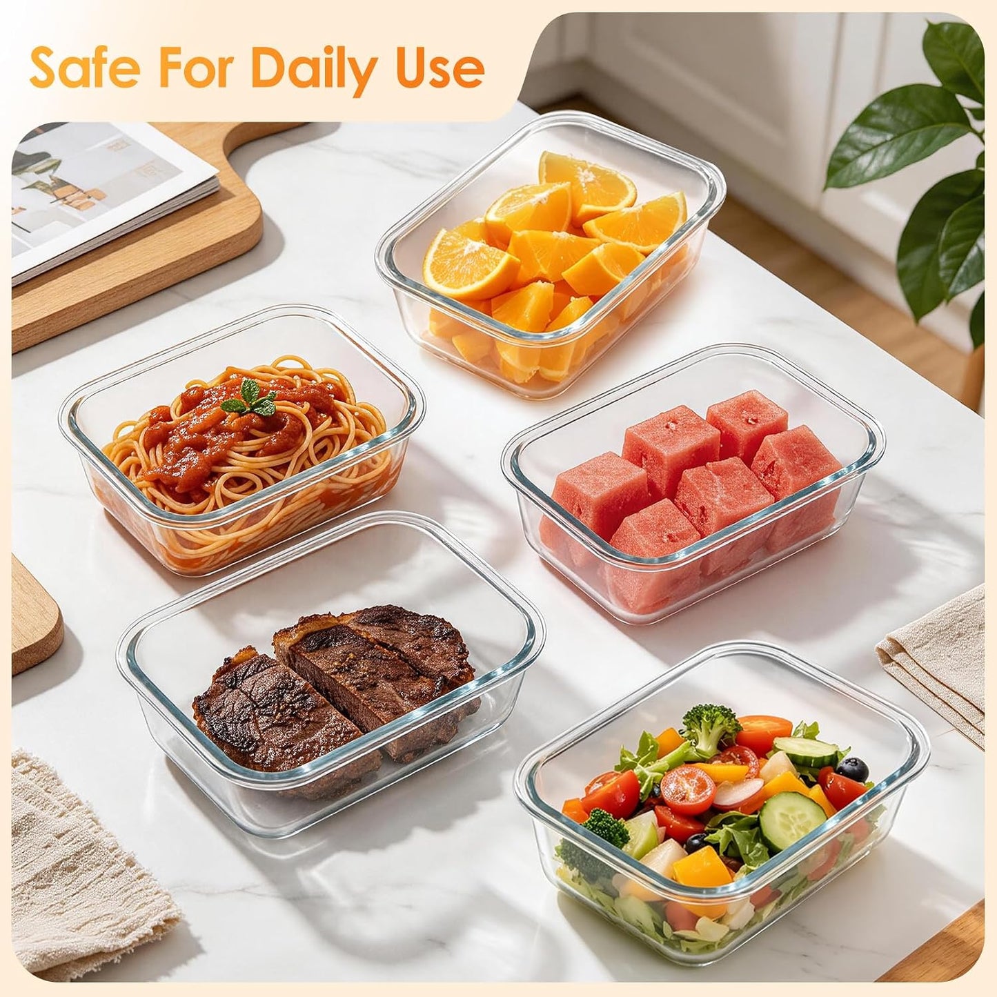 5Pack 22oz Glass Storage Containers with Lids, Glass Meal Prep Containers Set, Airtight Snap Lids, BPA Free, Microwave Oven Freezer Dishwasher Safe, Grey