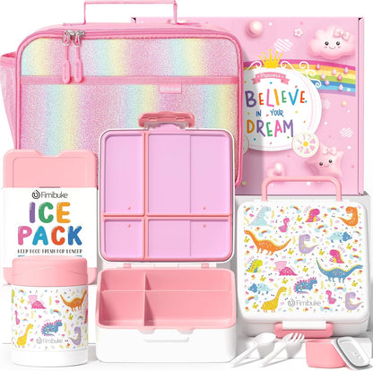 Fimibuke Kids Bento Snack Lunch Box with 4 Compartment, Insulated Lunch Bag, Stainless Steel Vacuum Thermo Food Jar, Ice Pack, Utensils Set, Birthday Gifts for Age 3-12 Back to School Toddler Girl Boy