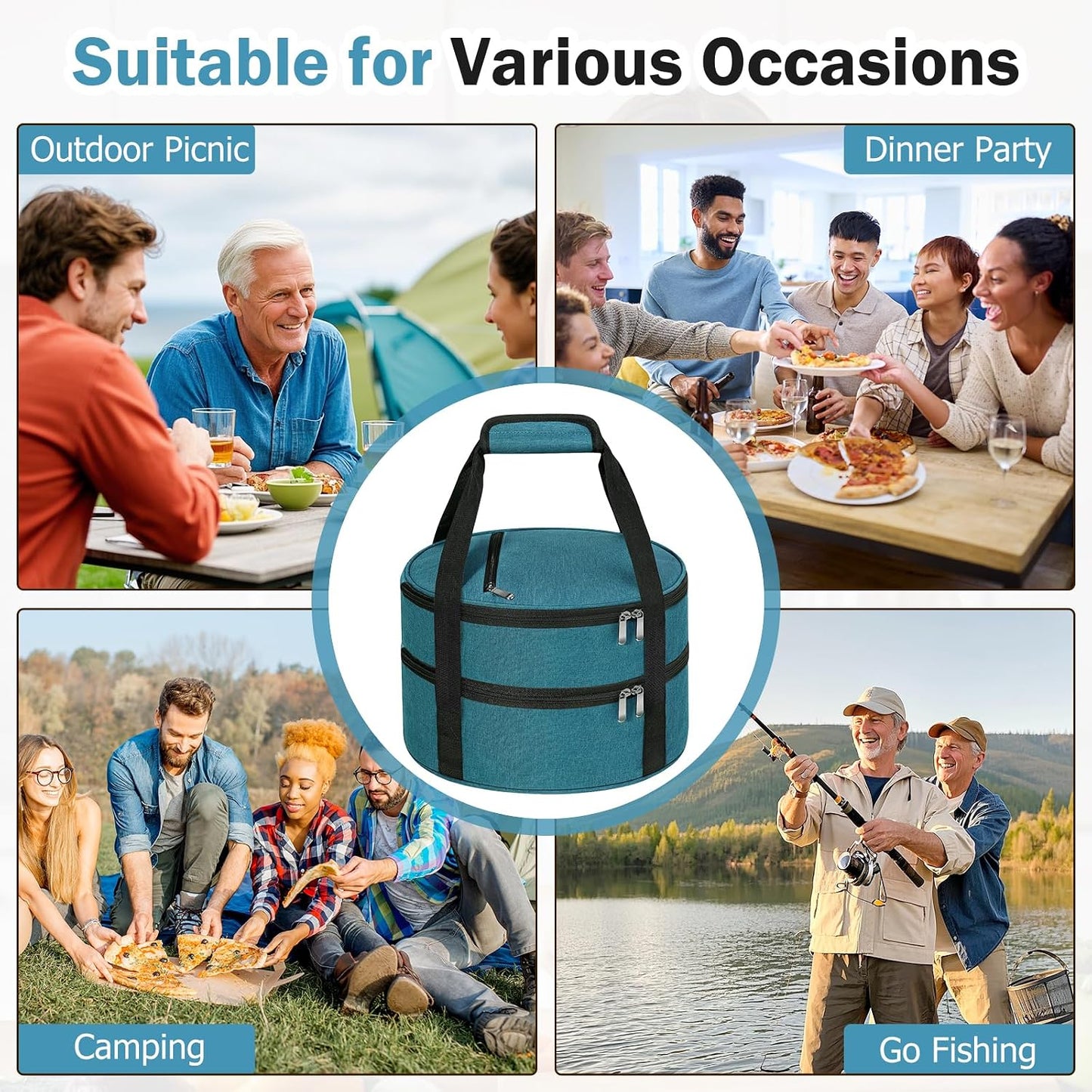 Round Insulated Casserole Carrier – 12" Portable Pie Carrier Bag for Hot or Cold Food, Leakproof Thermal Lunch Tote with Handle for Parties Picnic & Travel - Grey