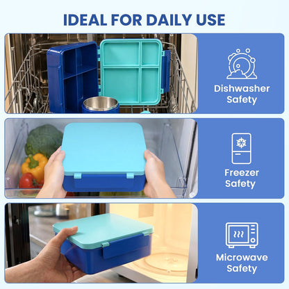 LOHASOK Bento Lunch Box Kids with 8oz Soup Thermo, Leak-Proof Lunch Containers with 4 Compartment, Thermo Hot Food Jar and Insulated Lunch Box for School Blue