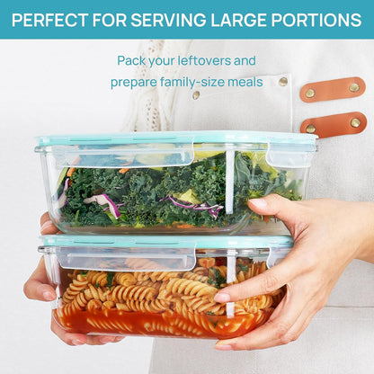 Vtopmart 2Pack 1860ml/63oz Large Glass Storage Containers with Lids, Meal Prep Food Container Set with Snap Airtight Lid for Baking, Microwave, Oven, Leak Proof, for Freezer, Dishwasher, Grey