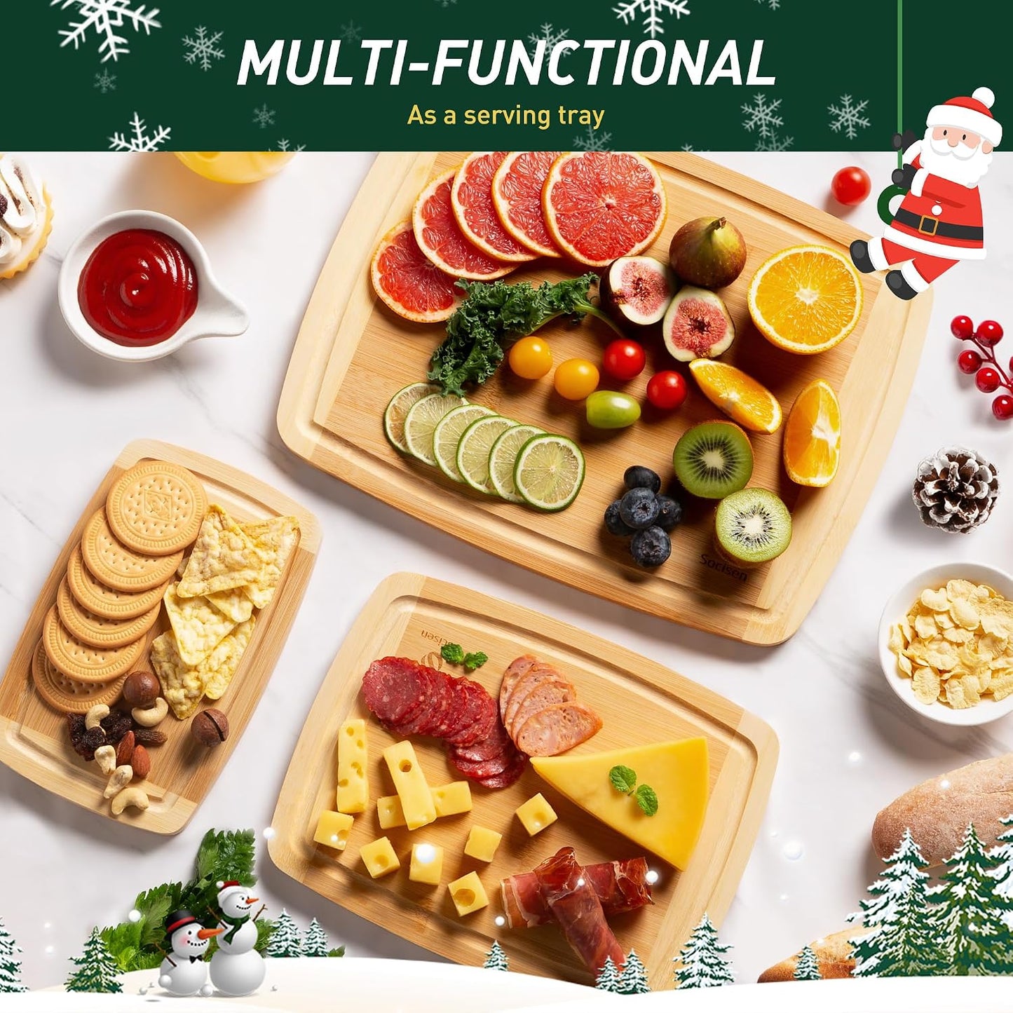 3 Packs Bamboo Cutting Board Set with Non Slip Feet and Over Sink Nice Solid Thick Wood Juice Groove Chopping Board Extra Large Big Small Best Hardwood Kitchen Counter Organic Vegetable