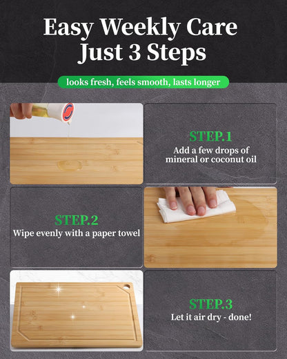 Kitsure Bamboo Cutting Board Set - Multi-Sizes Wooden Cutting Boards for Kitchen, Convenient Kitchen Essentials with Deep Juice Grooves, Cutting Board for Chopping & Serving, 2 Pack, Natural