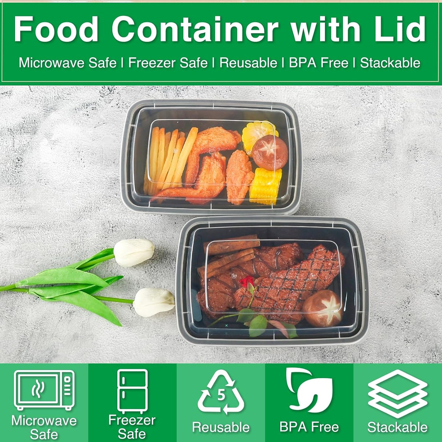 Meal Prep Containers 2 Compartment 15 Pack, 28 oz Divided Reusable Food Storage Containers with Lids Takeout Food Storage Containers Black, Microwave Dishwasher Freezer Safe, Stackable, BPA Free