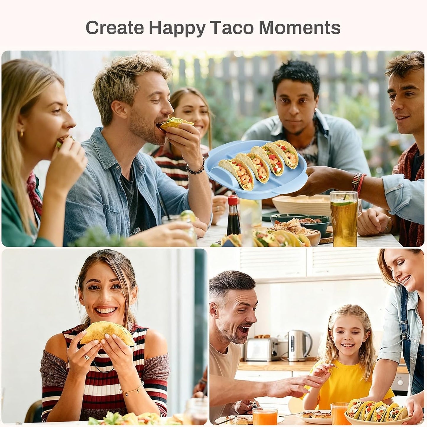 Silicone Taco Holders Set of 2, Reusable Taco Plates with 4-Shell Slots, Tacos Rack Holder Stands with Handle for Tortillas Party Serving, Family Dinner & Meal Prep Accessories(Dark Blue + White)