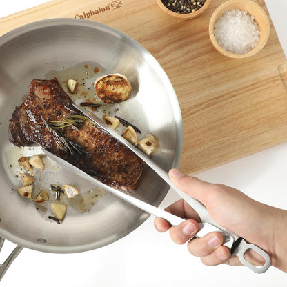 Calphalon Edge Tongs Set, 2-Piece Stainless Steel Kitchen Tongs Set with Silicone Heads, Includes 9-Inch & 12-Inch Heat-Resistant Locking Tongs for Cooking, Grilling & Serving, Taupe