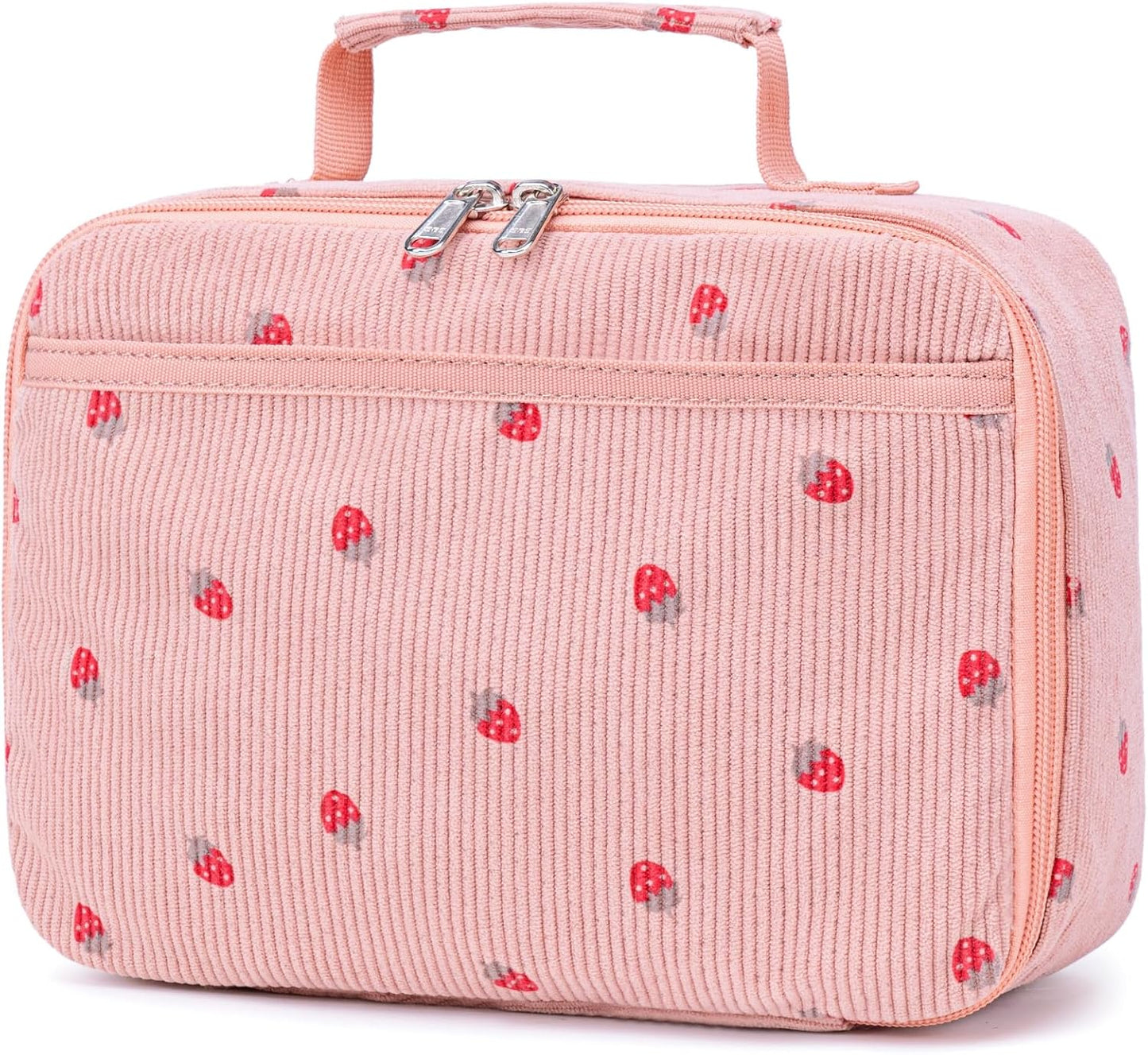 Bluboon Insulated Lunch Bag for Girls & Boys, Corduroy School Lunch Box with Cooler & Organizer Compartments, Leak-Proof Lunch Tote for School, Travel (Corduroy Strawberries Beige)