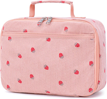 Bluboon Insulated Lunch Bag for Girls & Boys, Corduroy School Lunch Box with Cooler & Organizer Compartments, Leak-Proof Lunch Tote for School, Travel (Corduroy Strawberries Beige)