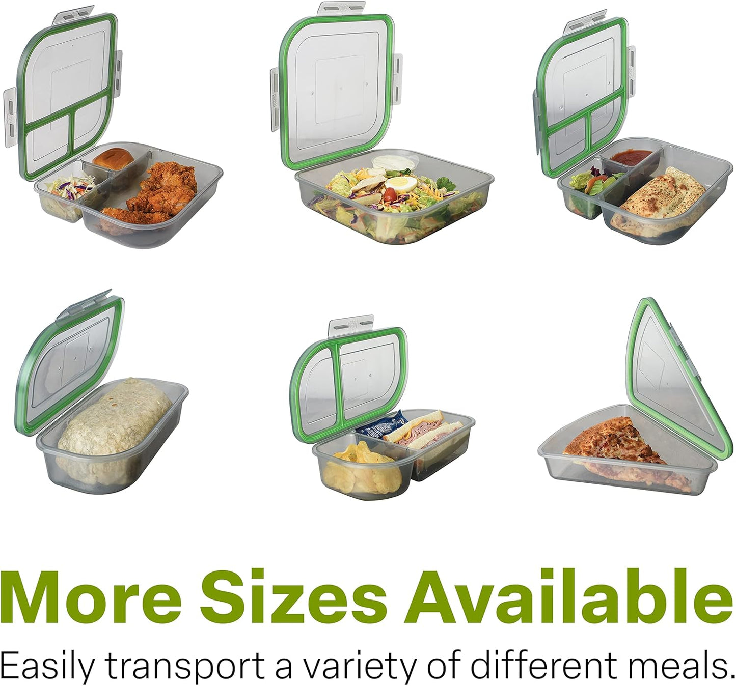 MyGo Container Large To-Go 3-Compartment Food Containers, Pack Of 3, 9-3/8" X 9-3/8" X 2-1/2", Reusable, Microwave Safe, NSF Certified, Smoke/Green