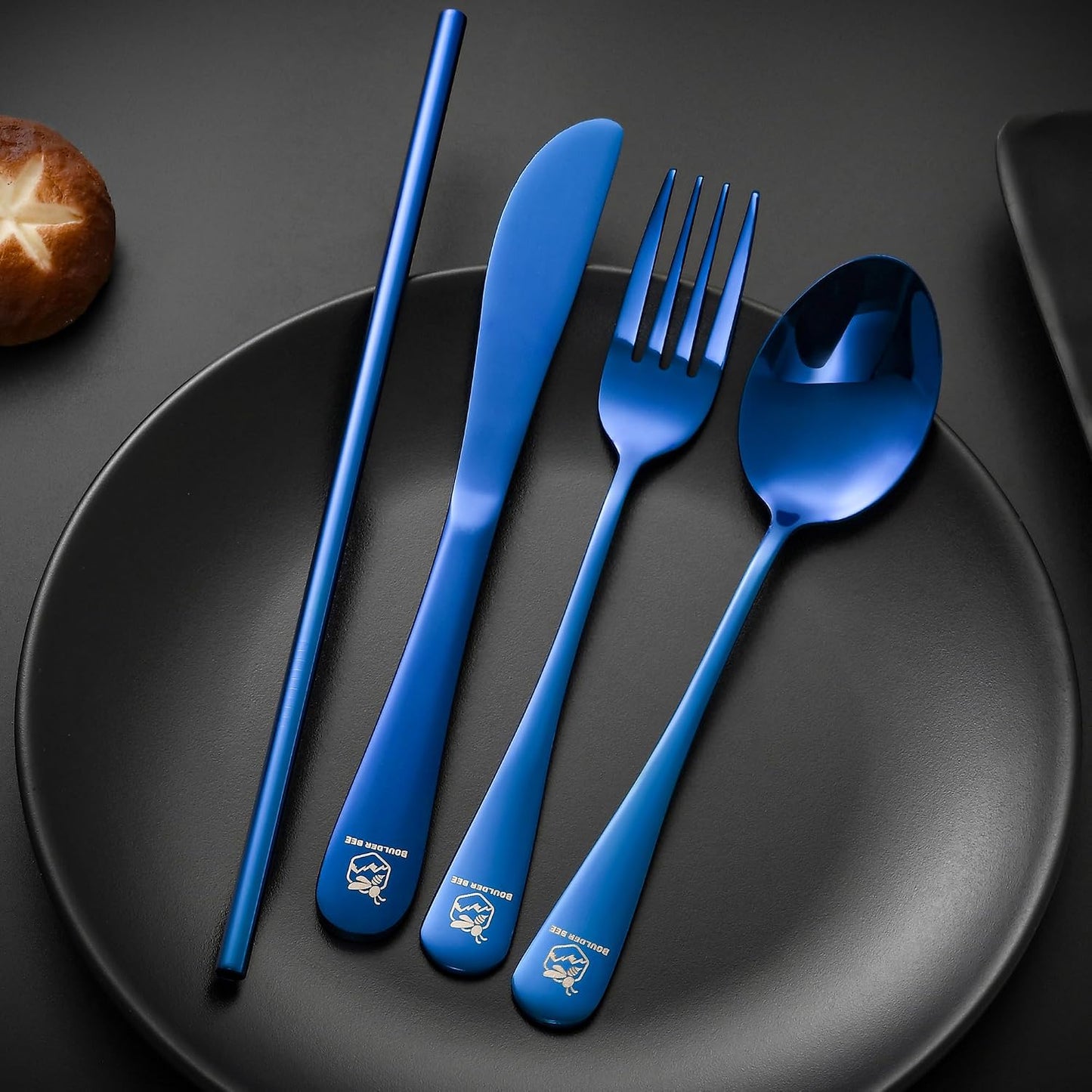 Boulder Bee | Travel Utensils Set | Reusable Camping Cutlery Set | Stainless Steel Flatware Set | Portable Silverware Set with Case | Includes Knife/Fork/Spoon/Straw/Cleaning Cloth/Case (Purple)