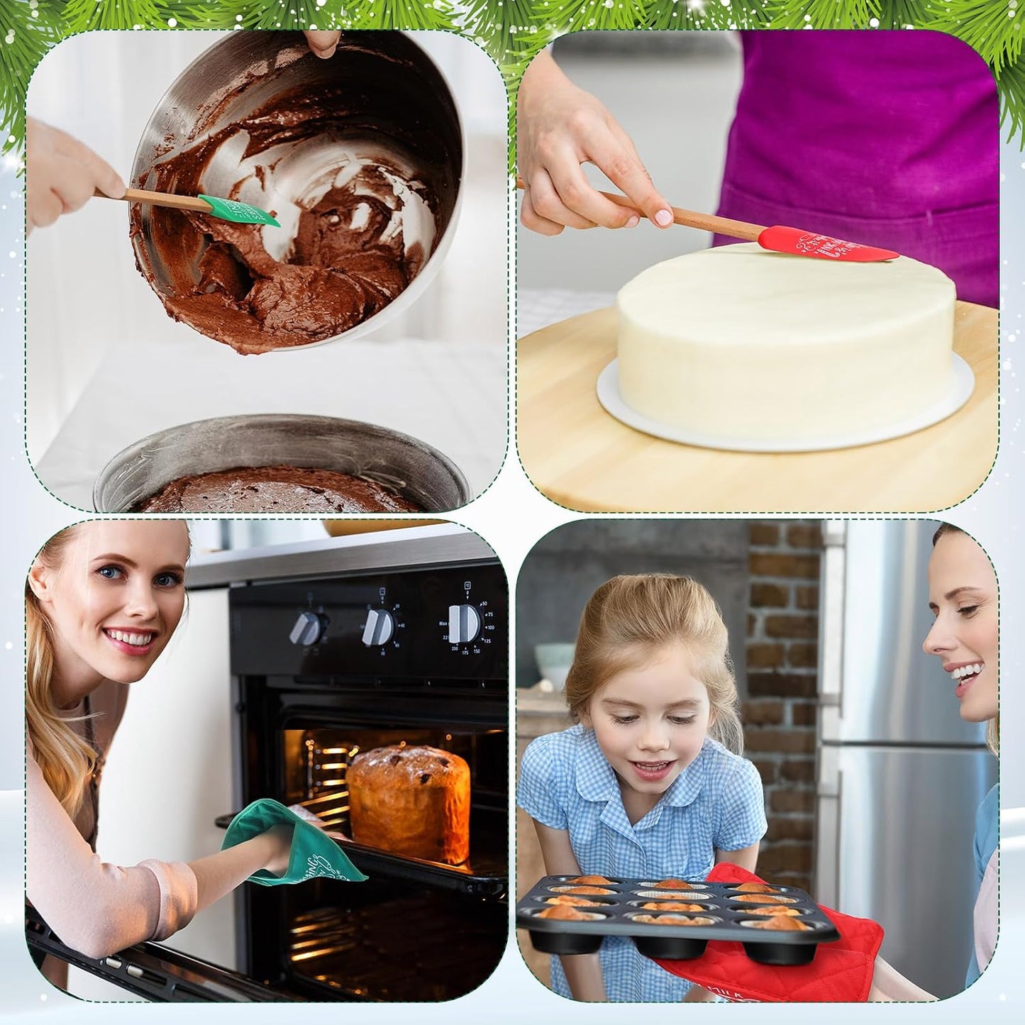 Zhehao 12 Pcs Christmas Silicone Spatulas Pot Holders Set Heat Resistant Pot Holders with Pocket Baking Gifts for Christmas Gift Party Supplies (Vibrant Christmas Style)