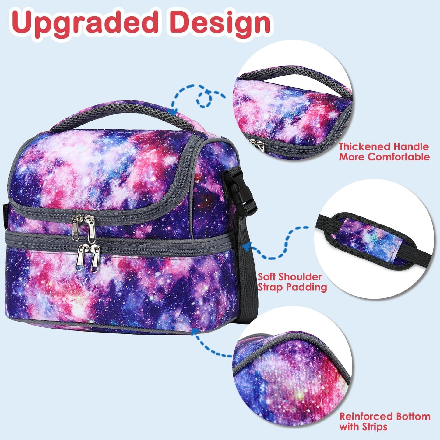FlowFly Kids Double Decker Cooler Insulated Lunch Bag Large Tote for Boys, Girls, Men, Women, With Adjustable Strap, Unicorn