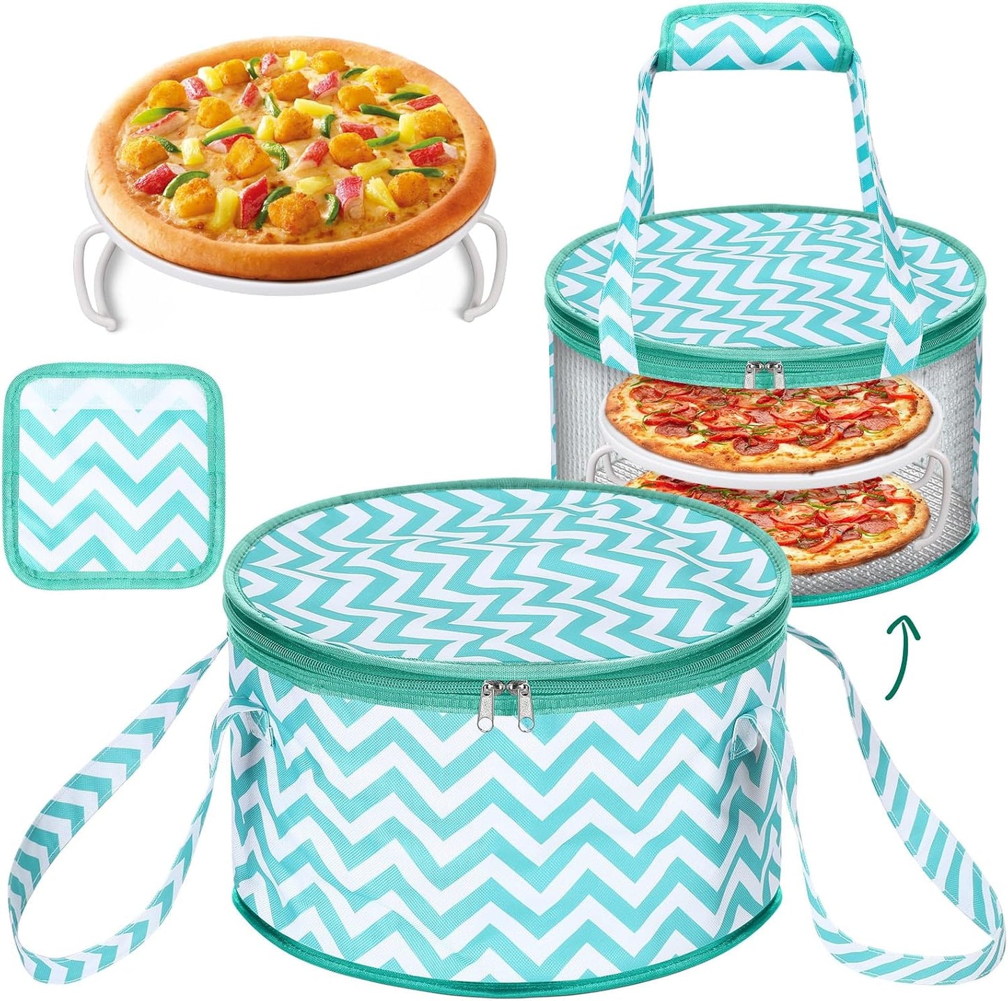 Pickmesh Round Pie Carrier 12 x 7 Inch Insulated Casserole Carriers with Lid and Detachable Handle for Hot or Cold Food Cake Transport Thanksgiving Christmas Gift(Cyan White Zigzag)