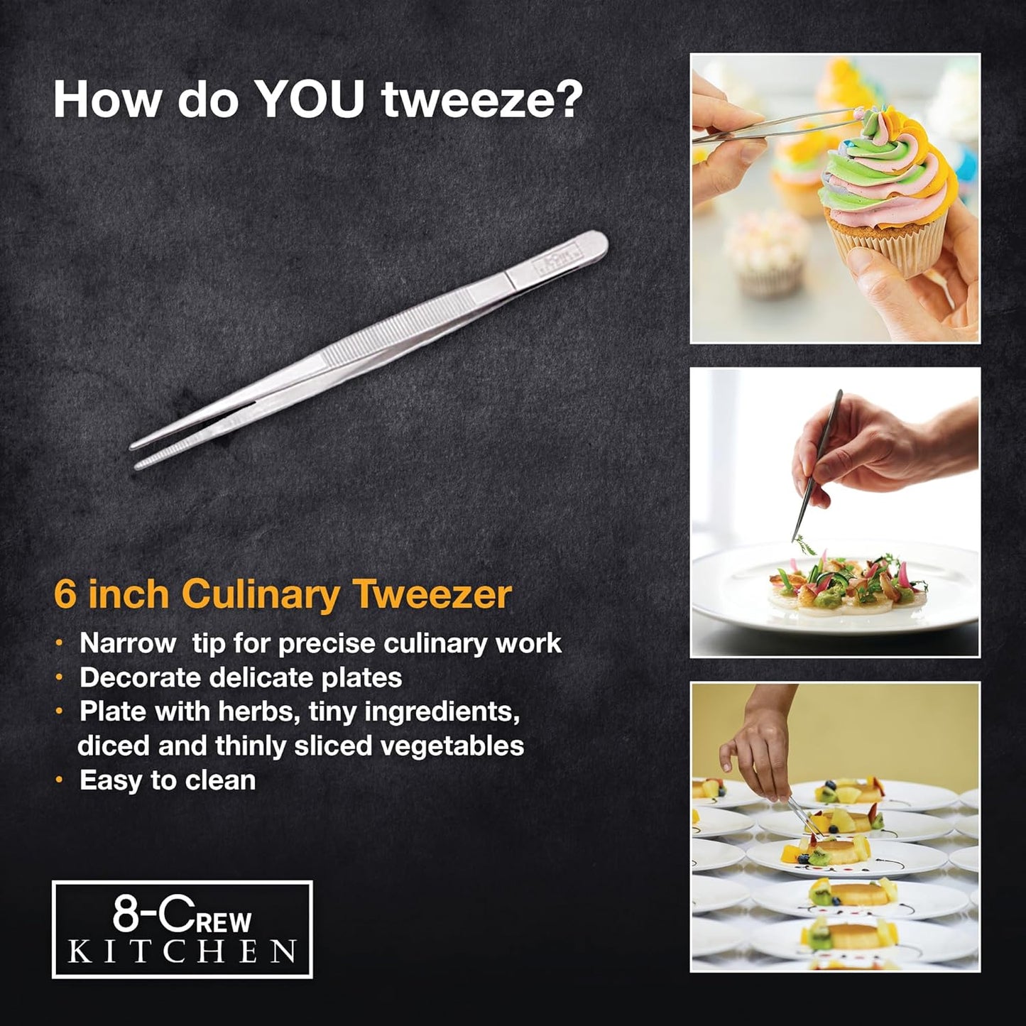 8-CREW KITCHEN Professional Chef Tongs 2 pc Set - 12” 304 Stainless Steel Tweezer for Cooking and Multi-Use - 6” Culinary Tweezer for Plating, Bar and Food Decorating