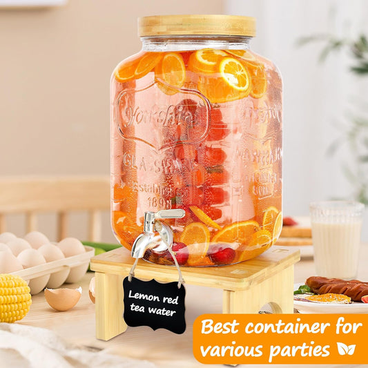 2 Gallon Drink Dispenser with Stand，Glass Beverage Dispenser With Wood Stand, 18/8 Stainless Steel Spigot and Labels Large Water Drink Dispensers for Parties, Lemonade,Juice, Tea