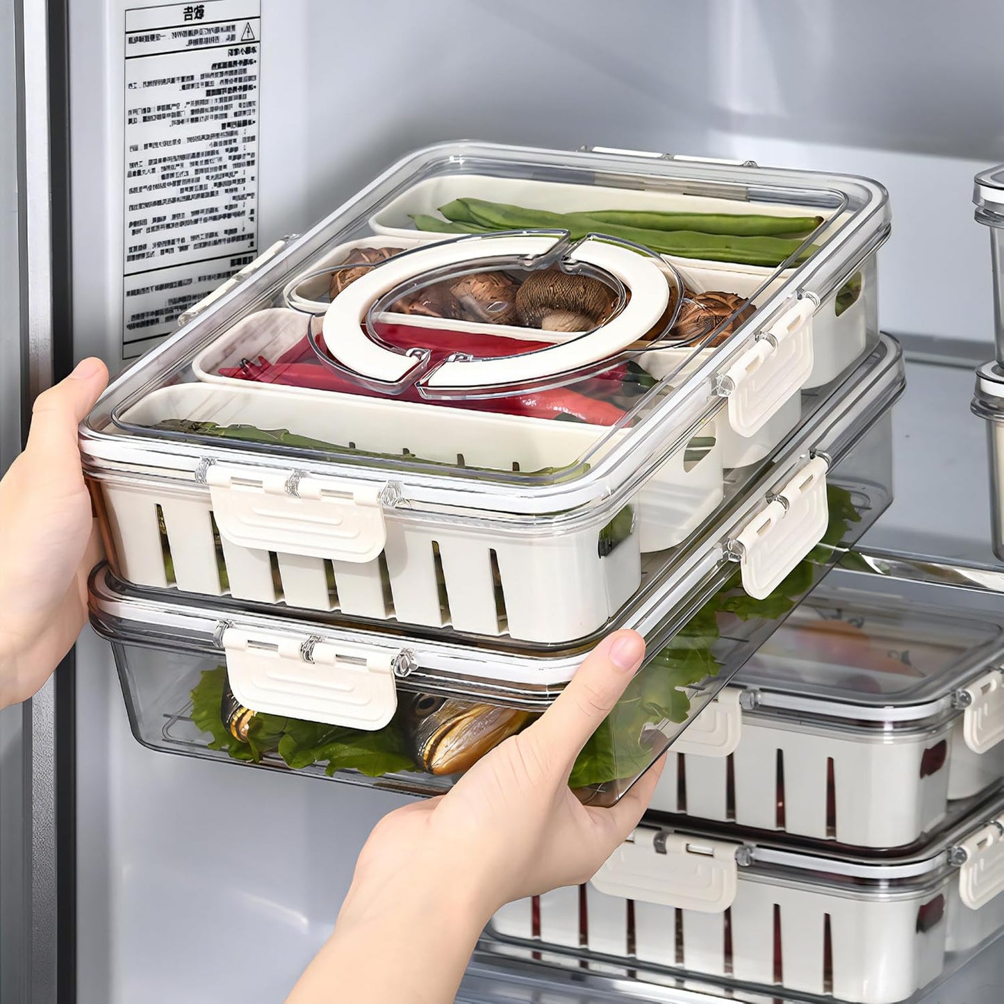 2Pack Divided Veggie Tray with Lid and Handle 8 Compartment Serving Tray with Dividers Portable Travel Snack Containers Stackable Snackle Box Charcuterie Container for Fruit,Vegetable,Salad