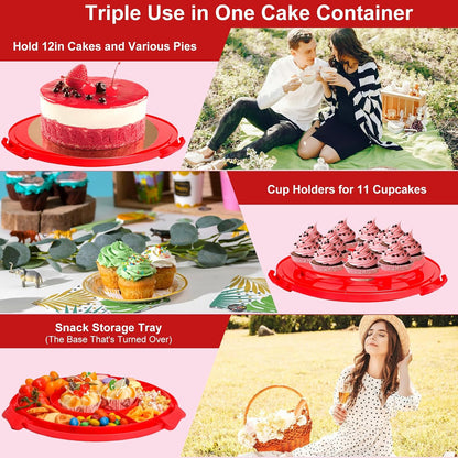 Bundt Cake Carrier, 13.5"Red Cake Carrier with Lid Handle Turntable and Cupcake Holder, Portable Cake Transport Container, Perfect Gifts for Transporting Cakes, Pies, Cupcakes, Nuts, Fruits