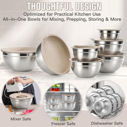 31PCS Mixing Bowls with Lids Set, 5.5QT to 0.6QT Stainless Steel Nesting Bowls with Graters, Large Khaki Bowls & 21 Measuring Cups and Spoons Set Kitchen Appliances for Mixing, Baking, Food Storage