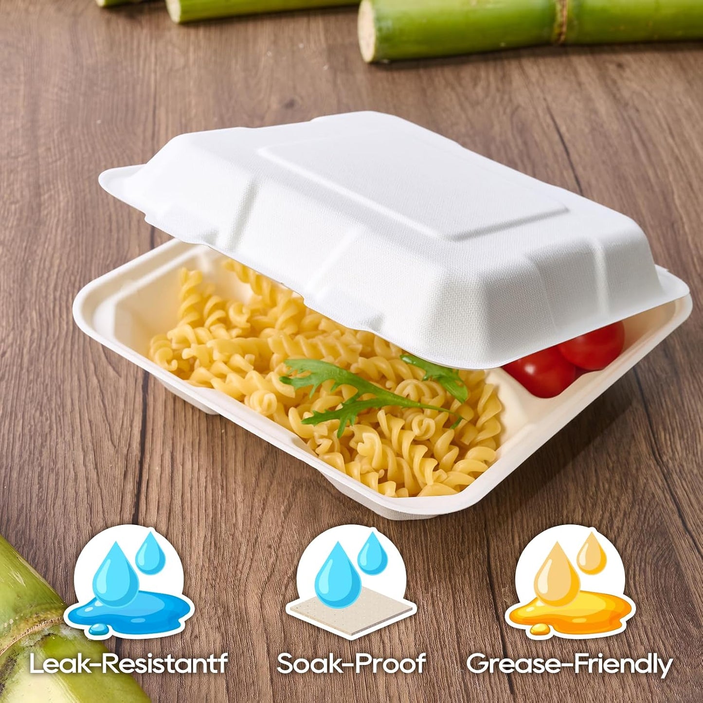 Turbo Bee 100 Pack 8x8inch White 3 Compartment Take Out Containers with Lids, Disposable Clamshell Meal Prep Containers, Divided Lunch Boxes for Catering, Restaurant & Meal Prep
