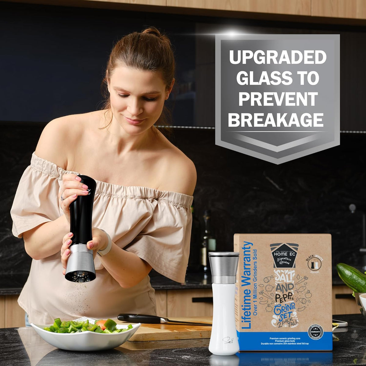 Home EC Premium Stainless Steel Sea Salt and Pepper Grinder Set of 2 - Adjustable Ceramic - Tall Glass Salt and Pepper Shakers - Kitchen Spice Mill W/Funnel & EBook