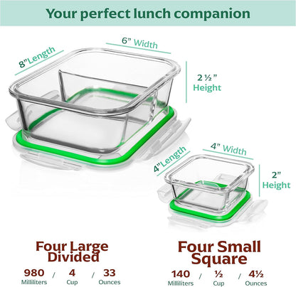 Fusion Gourmet 8 Pack 35 oz Glass Storage Containers with Lids - Airtight, Leakproof, Oven, Microwave & Freezer Safe, Stain & Odor Resistant, Reusable Meal Prep Containers (16-Piece)