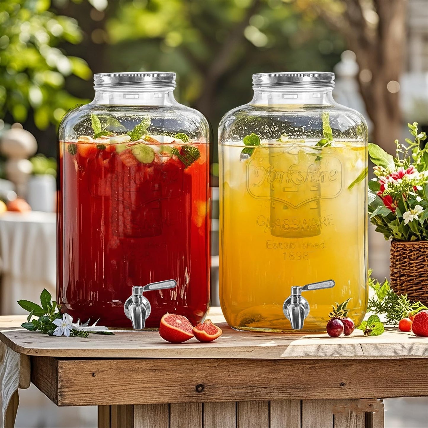 1 Gallon Glass Drink Dispenser with Stand,2 Pack Glass Beverage Dispenser with Stainless Steel Spigot,Water Lemonade Dispenser for Parties