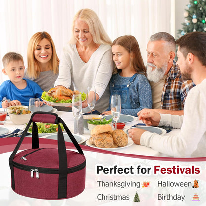 Round Insulated Casserole Carrier – 12" Portable Pie Carrier Bag for Hot or Cold Food, Leakproof Thermal Lunch Tote with Handle for Parties Picnic & Travel - Grey