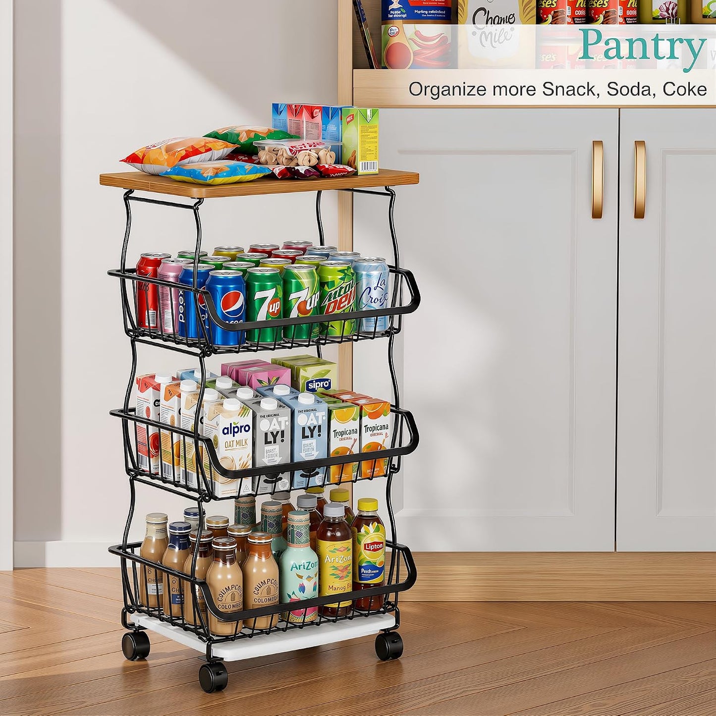 VECELO 4-Tier Fruit Basket with Wheels, Fruit and Vegetable Storage Cart for Kithchen, Stackable Produce Organizer Wire Baskets for Kitchen, Pantry, Living Room