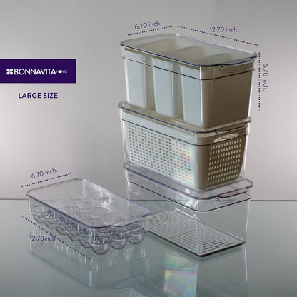 Clear Stackable Storage Containers with Lids BPA-Free Organizer Bins for Refrigerator Pantry Fridge Drawer with Colander and Dividers for Kitchen Food Preservation and Home Organization BPA Free