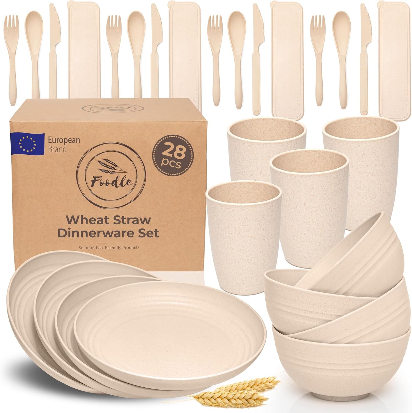 FOODLE Wheat Straw Dinnerware Set - BPA Free & Safety Tested - Microwave & Dishwasher Safe Dishes - Perfect for Camping, Picnic, RV, Dorm - Plates, Cups and Bowls - Great for Kids & Adults - For 4