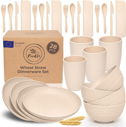 FOODLE Wheat Straw Dinnerware Set - BPA Free & Safety Tested - Microwave & Dishwasher Safe Dishes - Perfect for Camping, Picnic, RV, Dorm - Plates, Cups and Bowls - Great for Kids & Adults - For 4