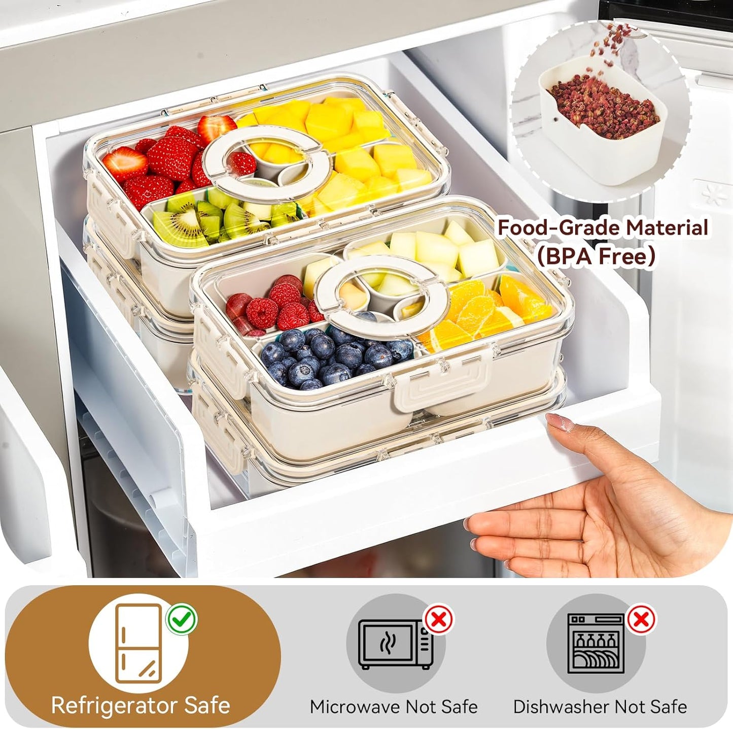 Small Snack Box Containers for Adults Men Women with 4 Compartments,Reusable Bento Box Adult Food Trays for Fruit,Charcuterie,Pink Lunch Box Divided Serving Tray with Lid and Handle for Work Travel