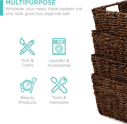 Best Choice Products Rustic Set Of 4 Multipurpose Stackable Seagrass Storage Basket, Handwoven Laundry Organizer Totes for Bedroom and Living Room, Shelves, Pantry w/Insert Handles - Natural