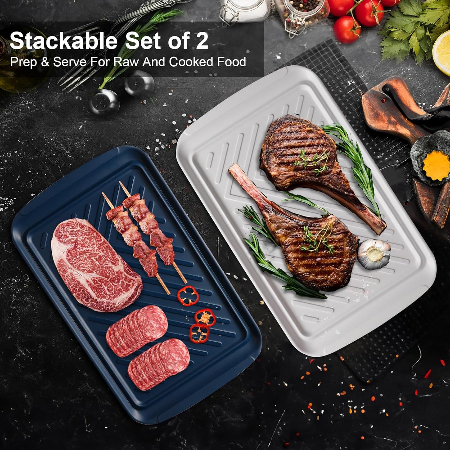LEHAHA Grilling Prep Trays, Melamine BBQ Prep and Serving Platters and Tray for Outdoor Entertaining, Large Food Serving Trays, Set of 2, 17.2" x 10.5",Great for Grilling Lovers,Black and Red
